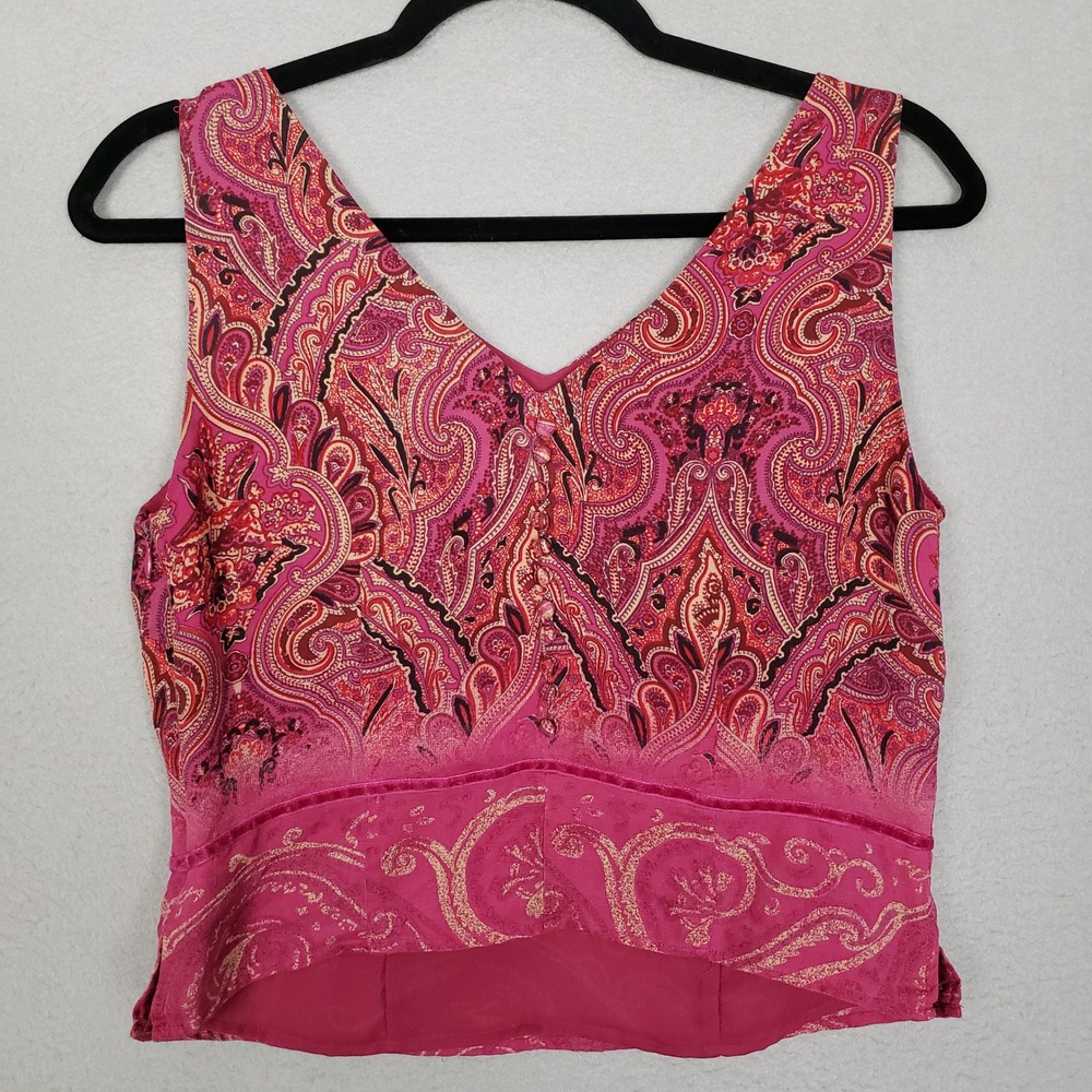 Valerie Stevens 100% Pure Silk Tank Top Vivid Pink Paisley Hippie Western Size S